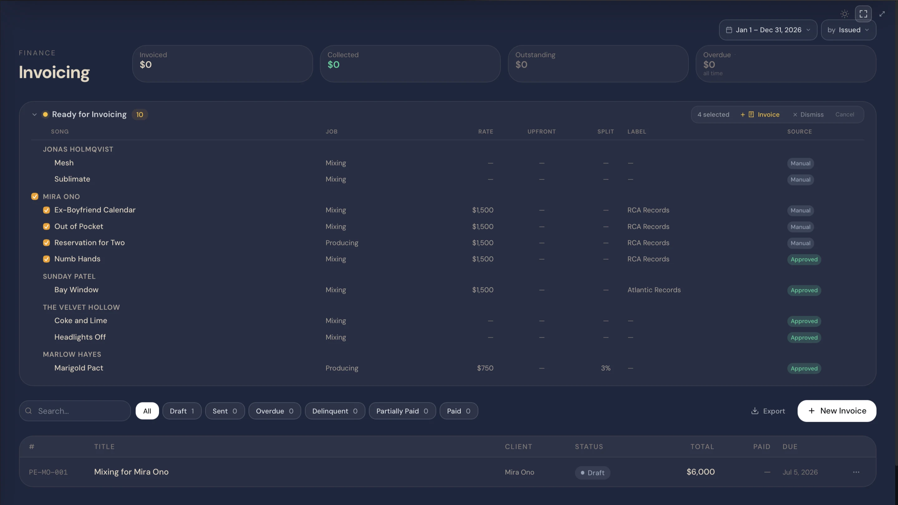 Invoicing view with ready-to-invoice work grouped by client