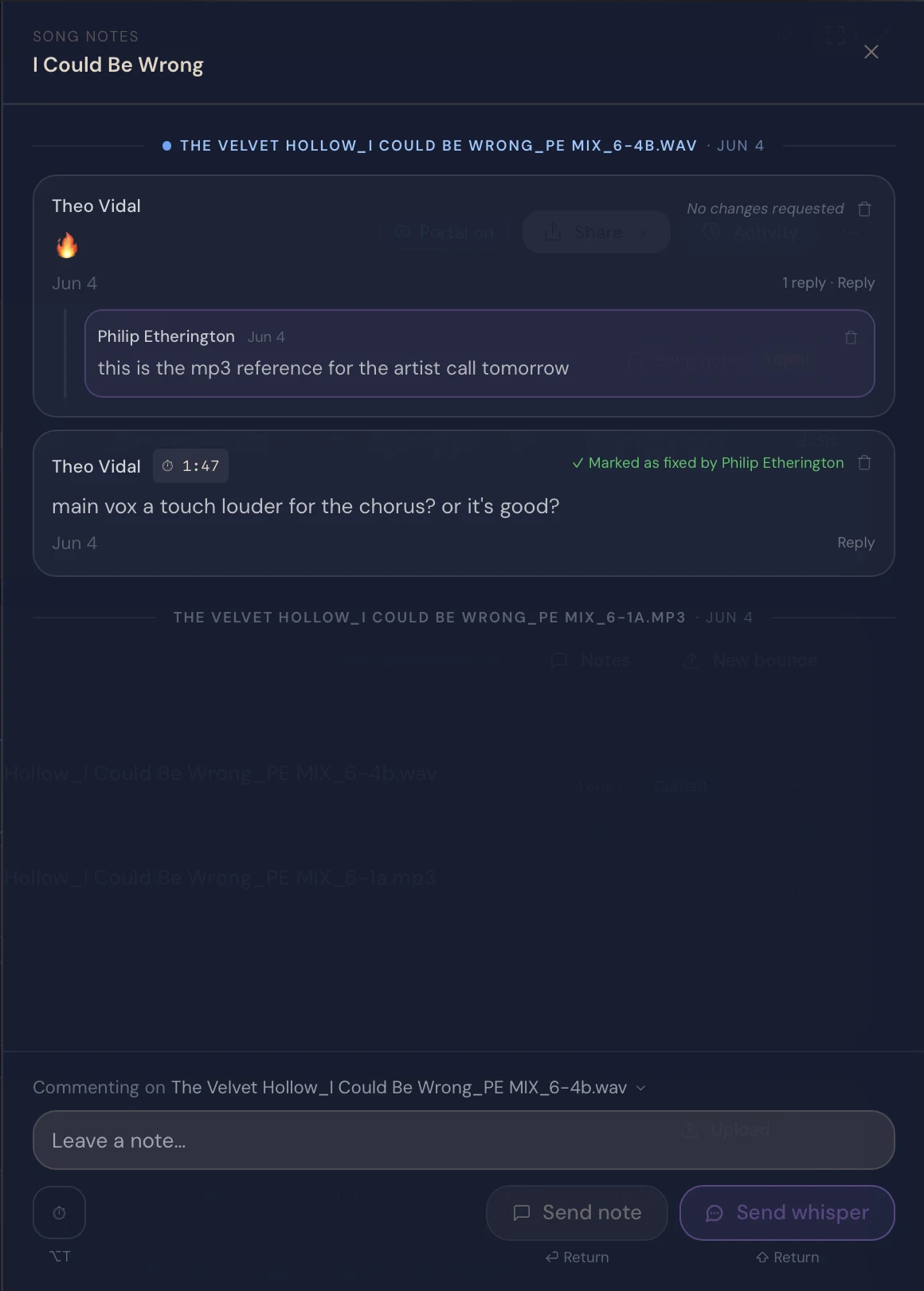 Song notes with timestamped feedback and fixed-by receipts