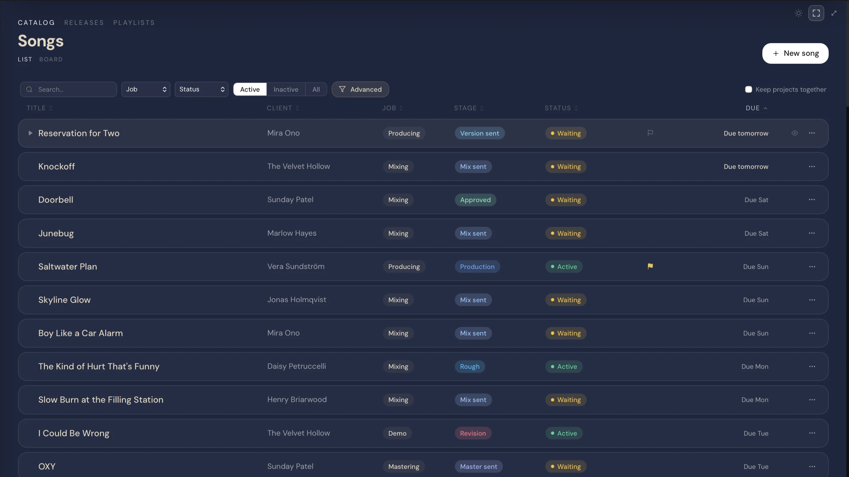 Glissando songs catalog with stage, status, and due-date columns